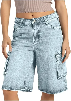 Bermuda Jean Shorts for Women Cargo Style High Waisted Stretchy Loose Fit Trendy Casual Denim Short with Pockets