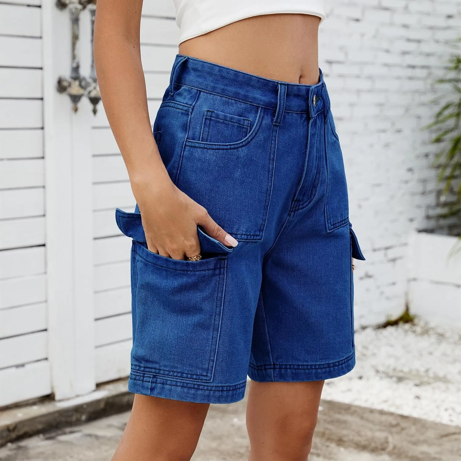Bermuda Jean Shorts for Women Cargo Style High Waisted Stretchy Loose Fit Trendy Casual Denim Short with Pockets