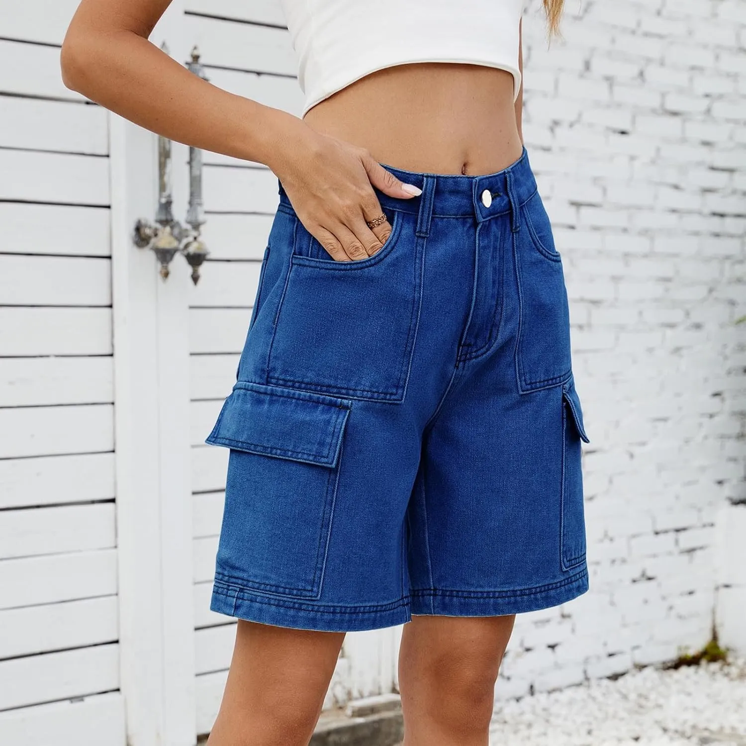 Bermuda Jean Shorts for Women Cargo Style High Waisted Stretchy Loose Fit Trendy Casual Denim Short with Pockets