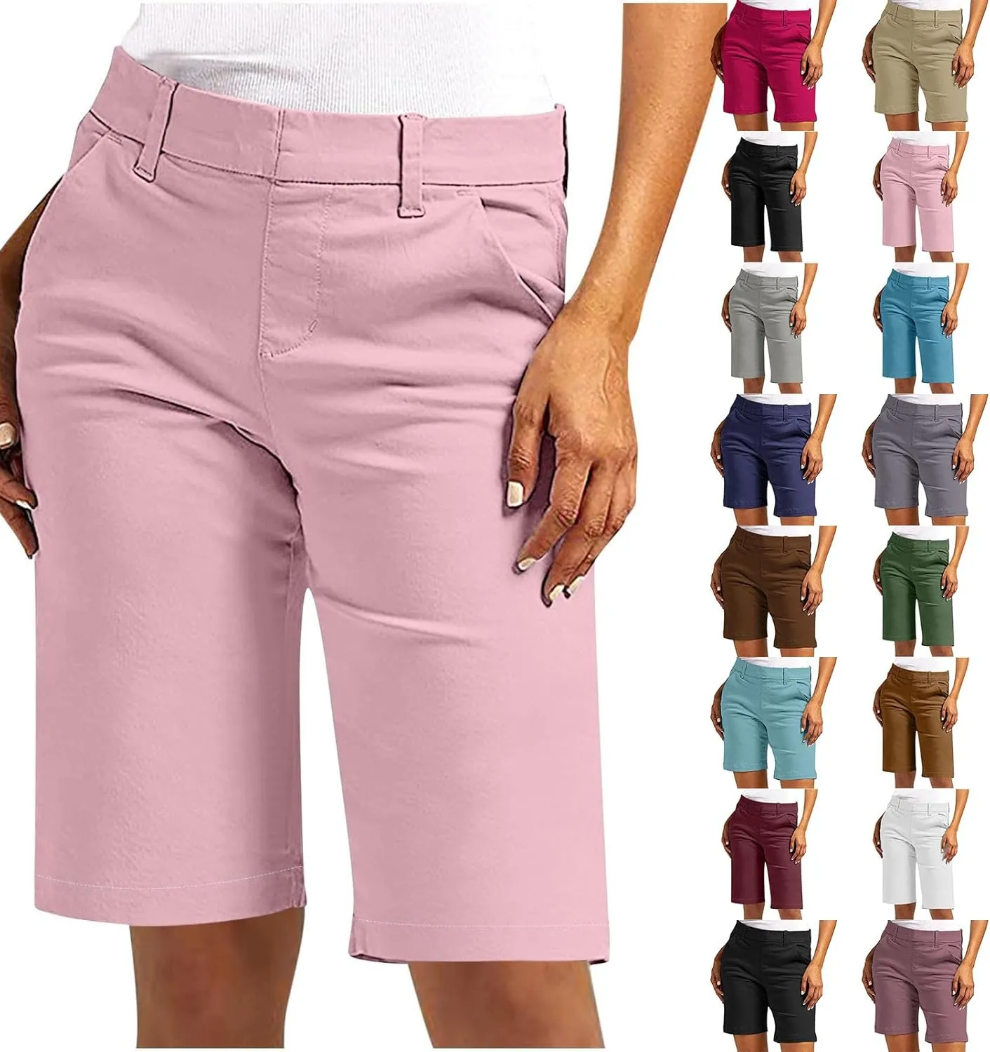 Bermuda Shorts for Women Knee Length Casual High Waisted Chino Shorts with Pockets 2025 Work Comfy Straight Leg Outfits