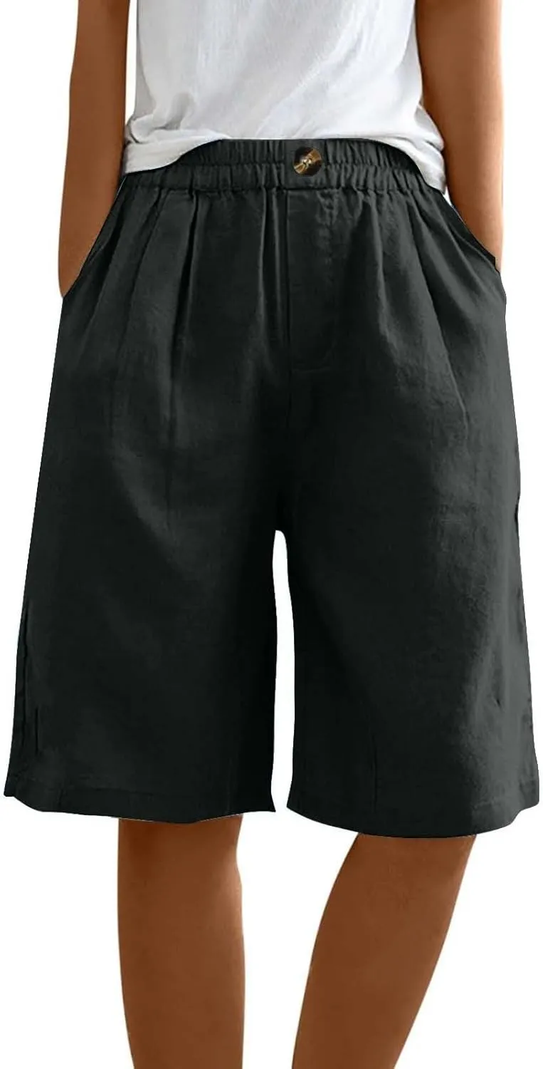 Bermuda Shorts for Women Knee Length Casual Linen Shorts Ladies Elastic Waist Loose Wide Leg Cotton Long Shorts