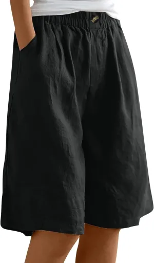 Bermuda Shorts for Women Knee Length Casual Linen Shorts Ladies Elastic Waist Loose Wide Leg Cotton Long Shorts