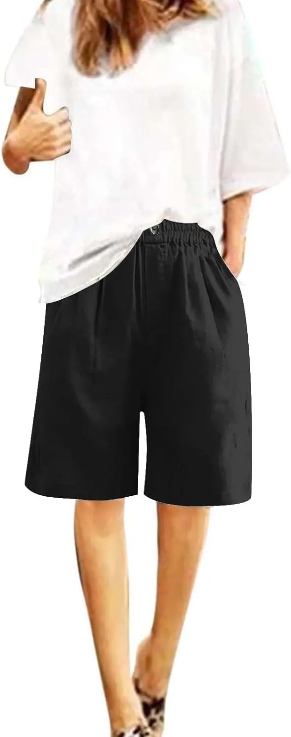 Bermuda Shorts for Women Knee Length Casual Linen Shorts Ladies Elastic Waist Loose Wide Leg Cotton Long Shorts