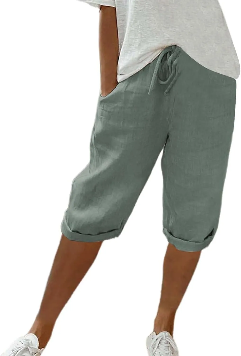 Bermuda Shorts for Women Knee Length Cotton Linen Capris Elastic Waisted Pants Summer Beach Board Shorts with Pockets