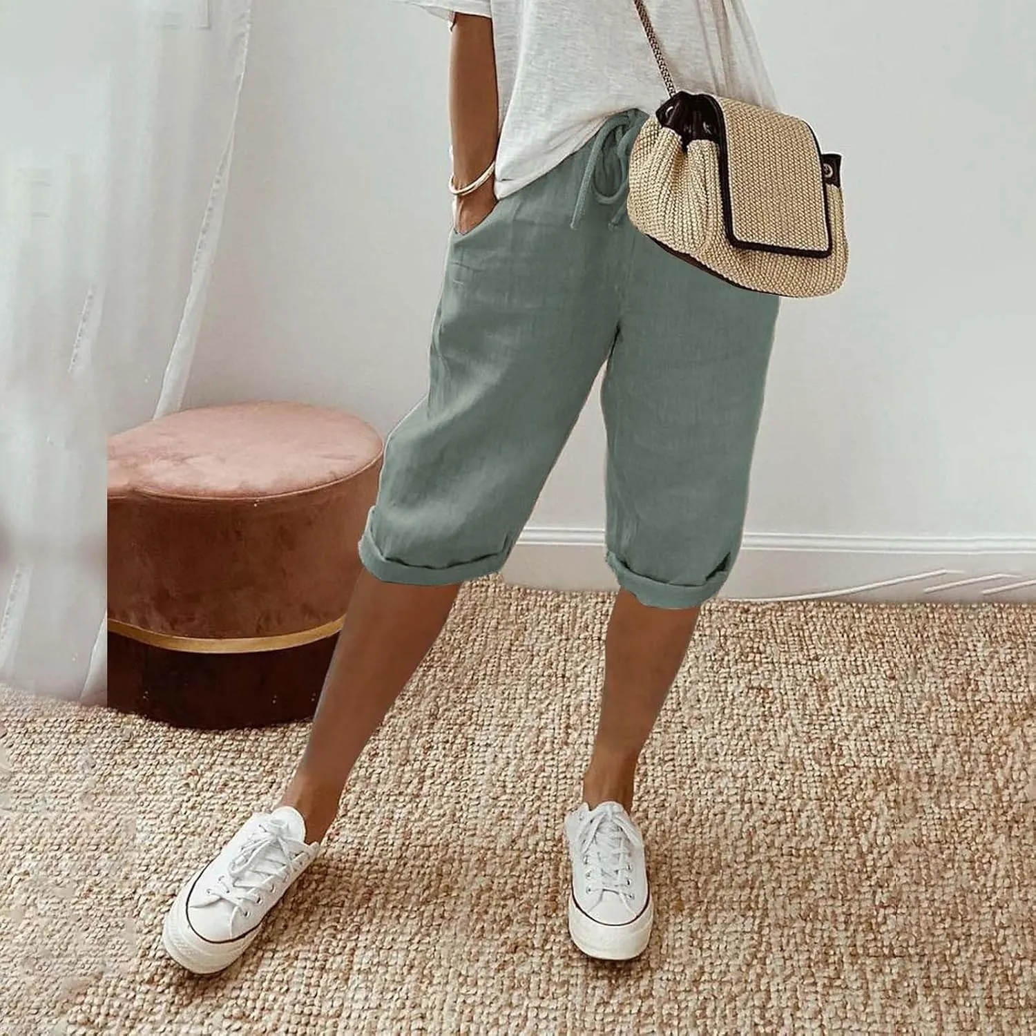 Bermuda Shorts for Women Knee Length Cotton Linen Capris Elastic Waisted Pants Summer Beach Board Shorts with Pockets