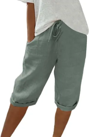 Bermuda Shorts for Women Knee Length Cotton Linen Capris Elastic Waisted Pants Summer Beach Board Shorts with Pockets