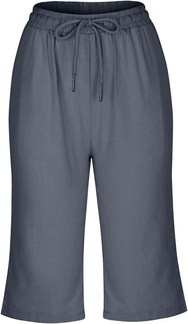 Bermuda Shorts for Women Knee Length Cotton Linen Capris Elastic Waisted Pants Summer Beach Board Shorts with Pockets