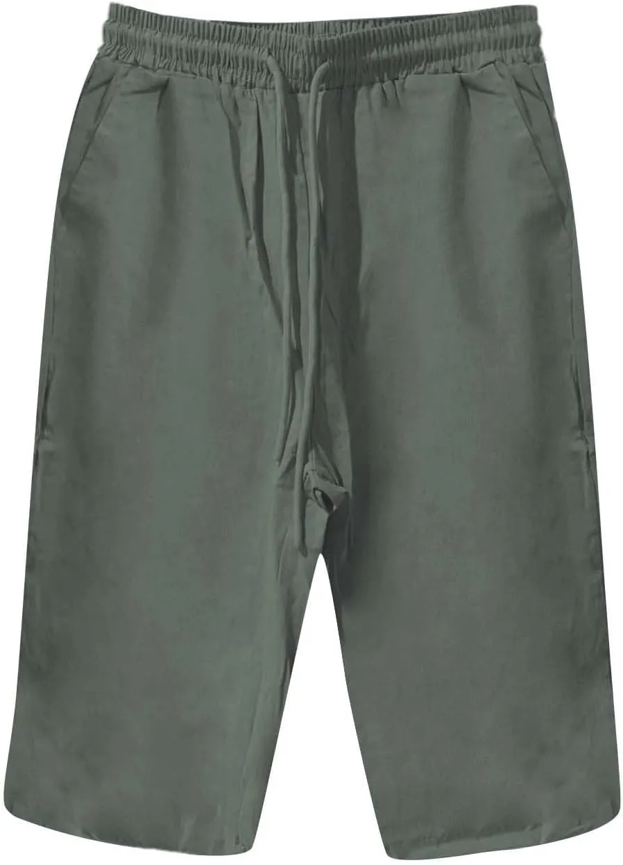 Bermuda Shorts for Women Knee Length Cotton Linen Capris Elastic Waisted Pants Summer Beach Board Shorts with Pockets