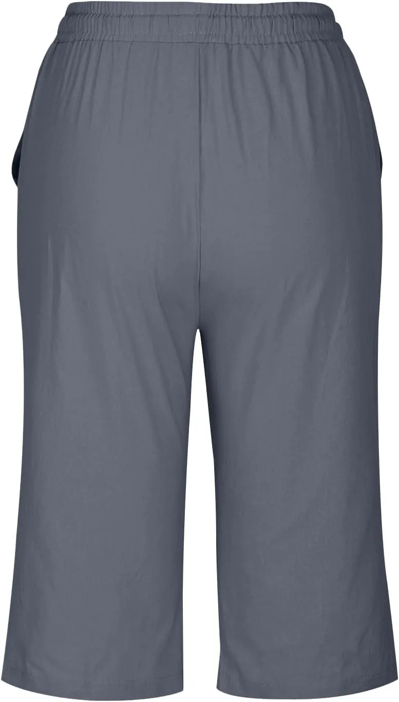 Bermuda Shorts for Women Knee Length Cotton Linen Capris Elastic Waisted Pants Summer Beach Board Shorts with Pockets