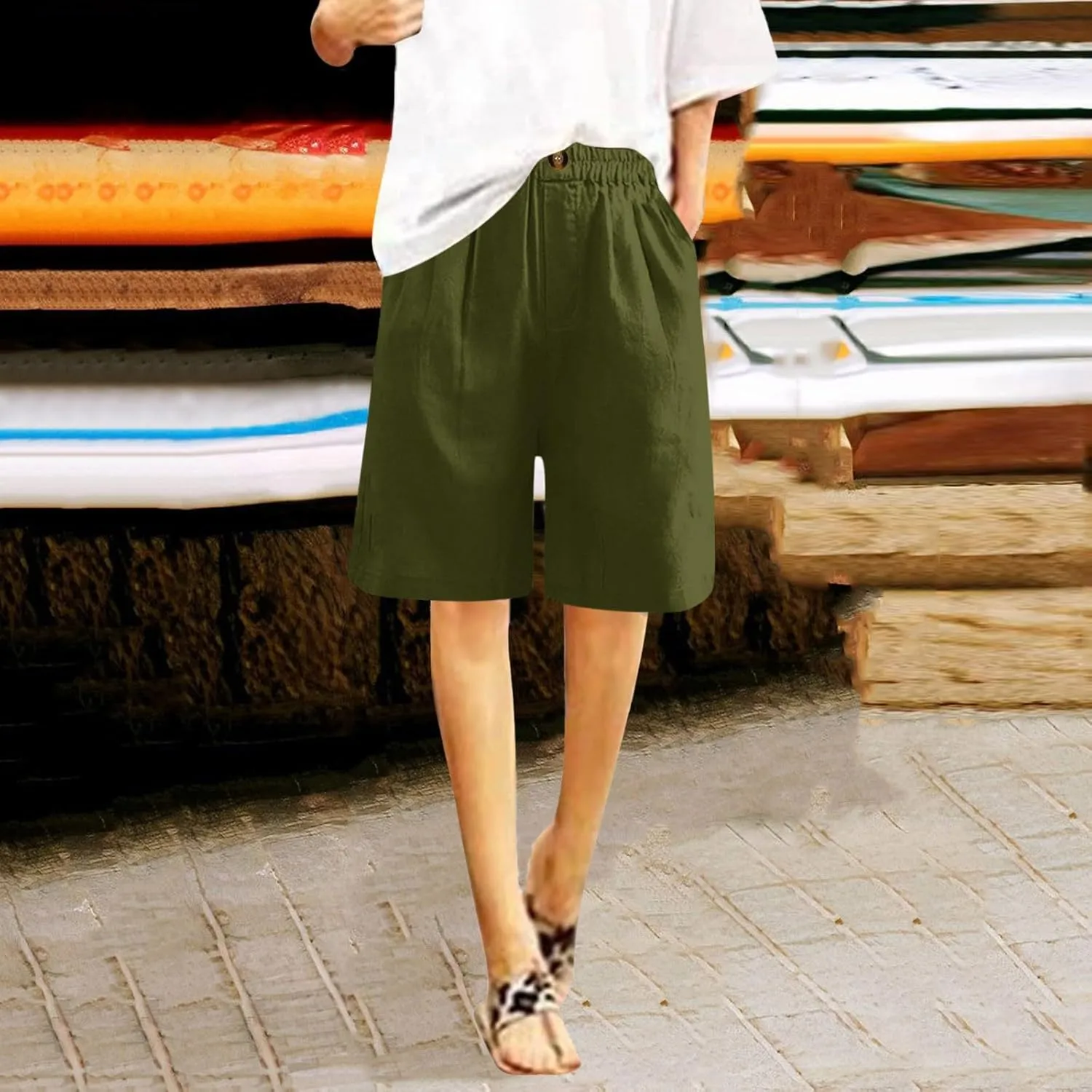 Bermuda Shorts for Women Knee Length Plus Size Linen Summer Long Shorts Casual Loose High Waisted Short with Pockets