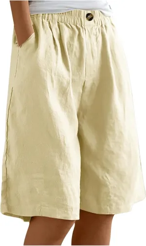 Bermuda Shorts for Women Knee Length Plus Size Linen Summer Long Shorts Casual Loose High Waisted Short with Pockets