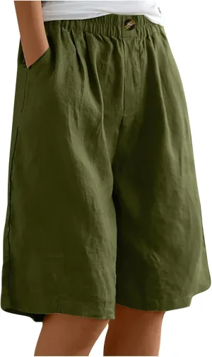 Bermuda Shorts for Women Knee Length Plus Size Linen Summer Long Shorts Casual Loose High Waisted Short with Pockets