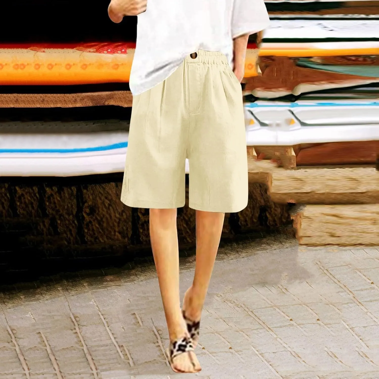 Bermuda Shorts for Women Knee Length Plus Size Linen Summer Long Shorts Casual Loose High Waisted Short with Pockets