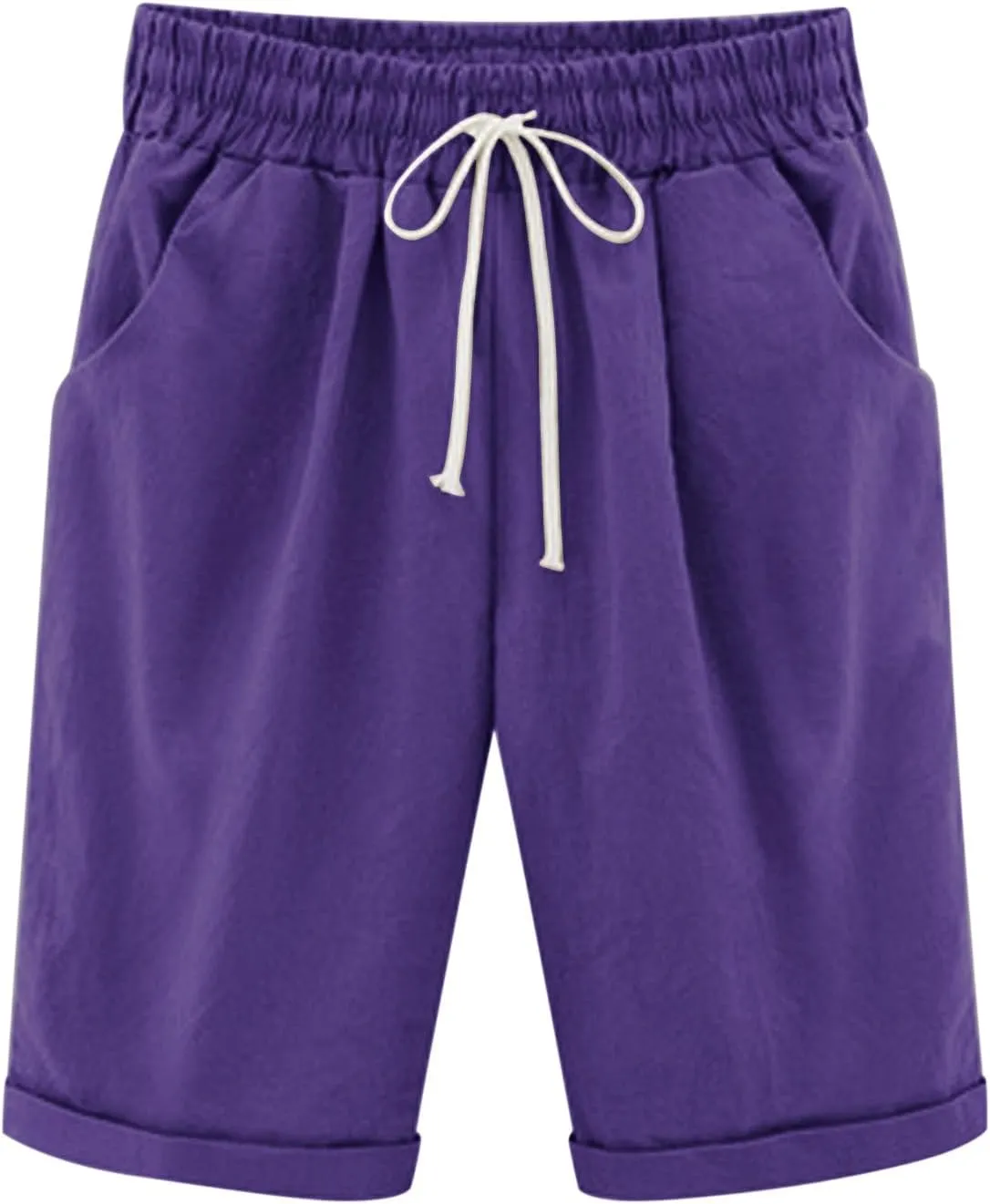 Bermuda Shorts for Women Knee Length Summer Casual Drawstring High Elastic Waist Beach Short with Pockets