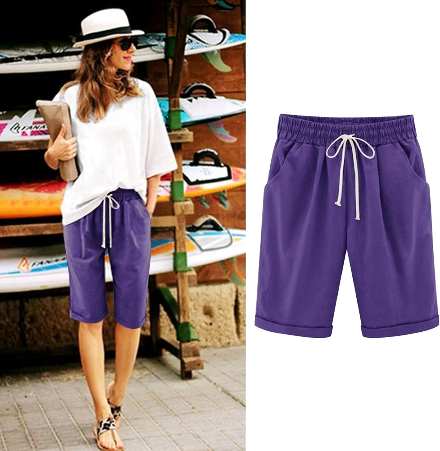 Bermuda Shorts for Women Knee Length Summer Casual Drawstring High Elastic Waist Beach Short with Pockets