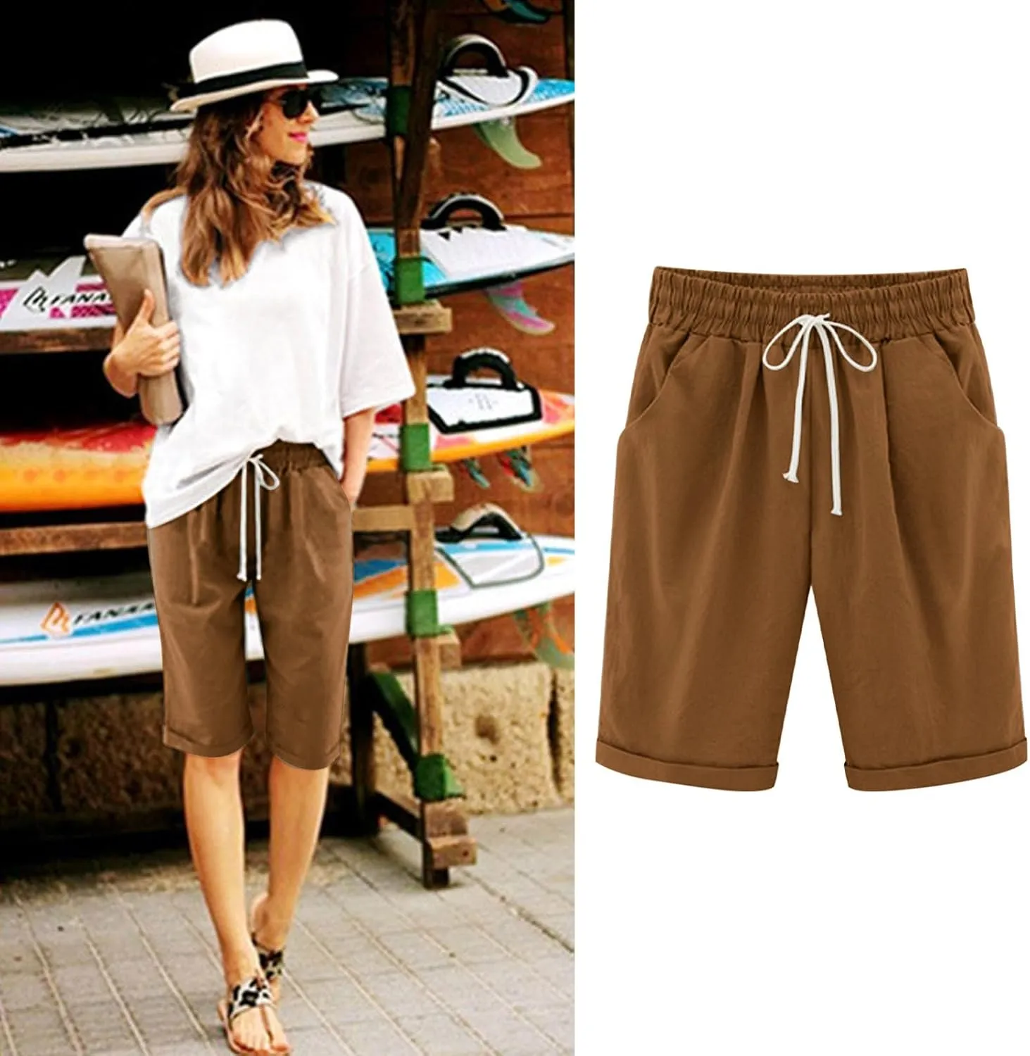 Bermuda Shorts for Women Knee Length Summer Casual Drawstring High Elastic Waist Beach Short with Pockets