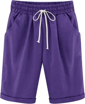 Bermuda Shorts for Women Knee Length Summer Casual Drawstring High Elastic Waist Beach Short with Pockets