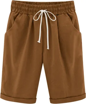 Bermuda Shorts for Women Knee Length Summer Casual Drawstring High Elastic Waist Beach Short with Pockets