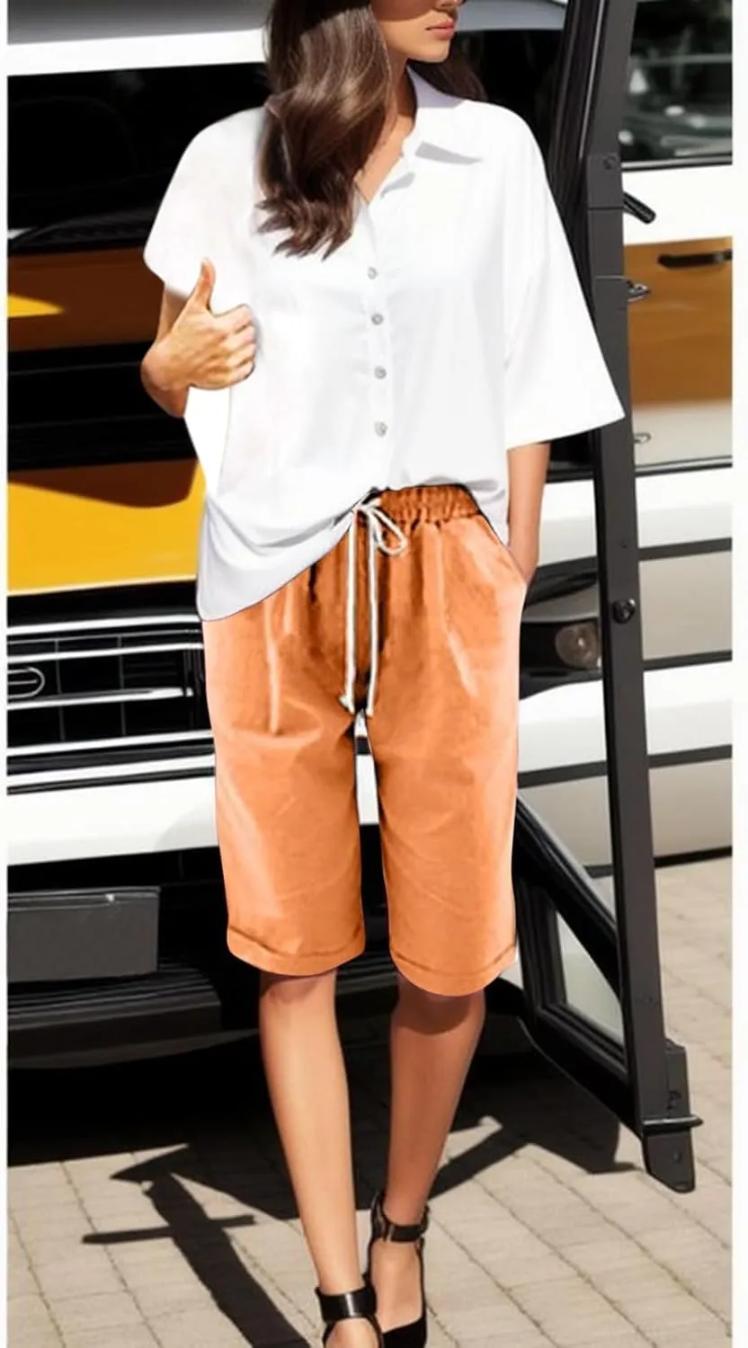 Bermuda Shorts for Women Long Cotton Casual Summer Knee Length Pull On Lounge Walking Exercise Shorts