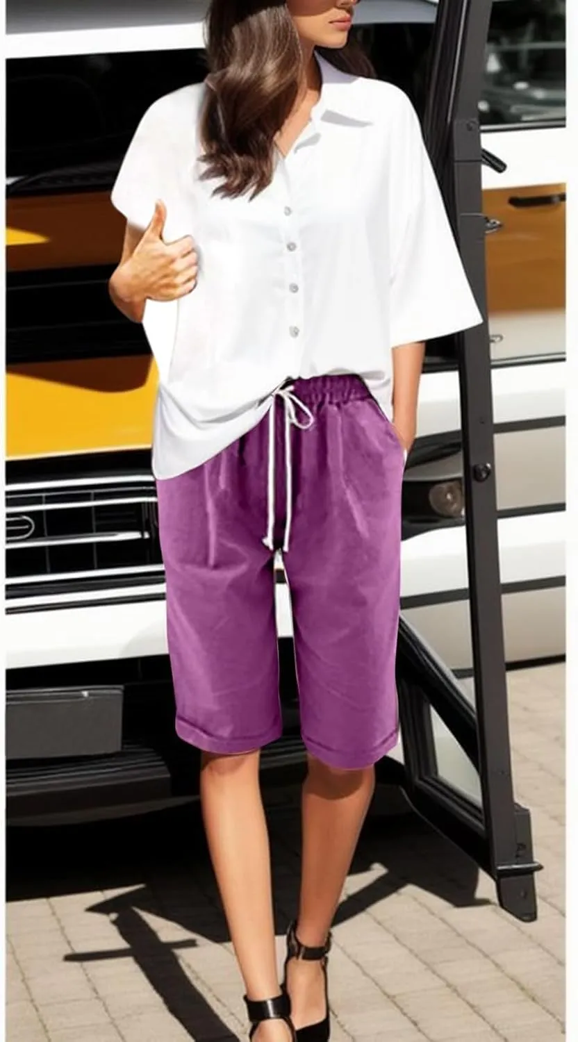 Bermuda Shorts for Women Long Cotton Casual Summer Knee Length Pull On Lounge Walking Exercise Shorts