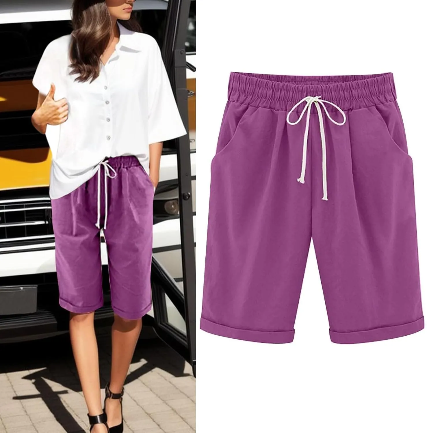 Bermuda Shorts for Women Long Cotton Casual Summer Knee Length Pull On Lounge Walking Exercise Shorts