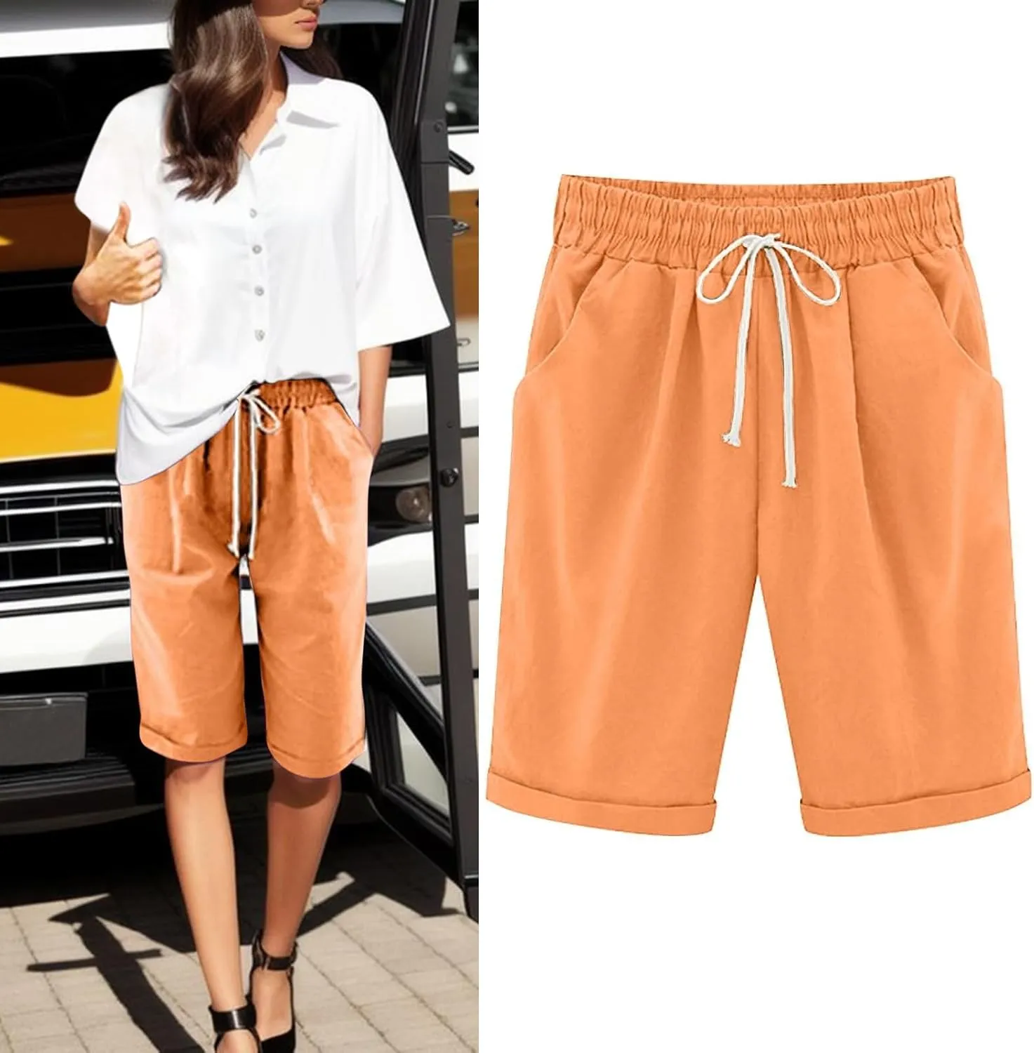 Bermuda Shorts for Women Long Cotton Casual Summer Knee Length Pull On Lounge Walking Exercise Shorts