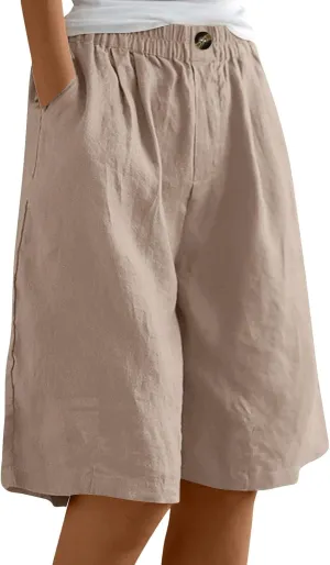 Bermuda Shorts for Women Summer Linen Plus Size High Waisted Dress Shorts Wide Leg Flowy Beach Short Resort Wear