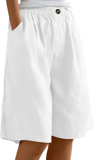 Bermuda Shorts for Women Summer Linen Plus Size High Waisted Dress Shorts Wide Leg Flowy Beach Short Resort Wear