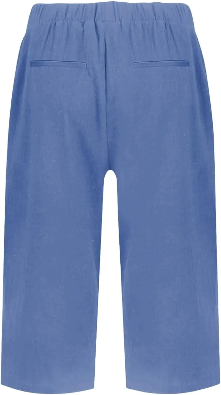 Bermuda Shorts for Women Wide Leg Cotton Linen Knee Length Casual Shorts Summer Loose High Waisted Short Capris