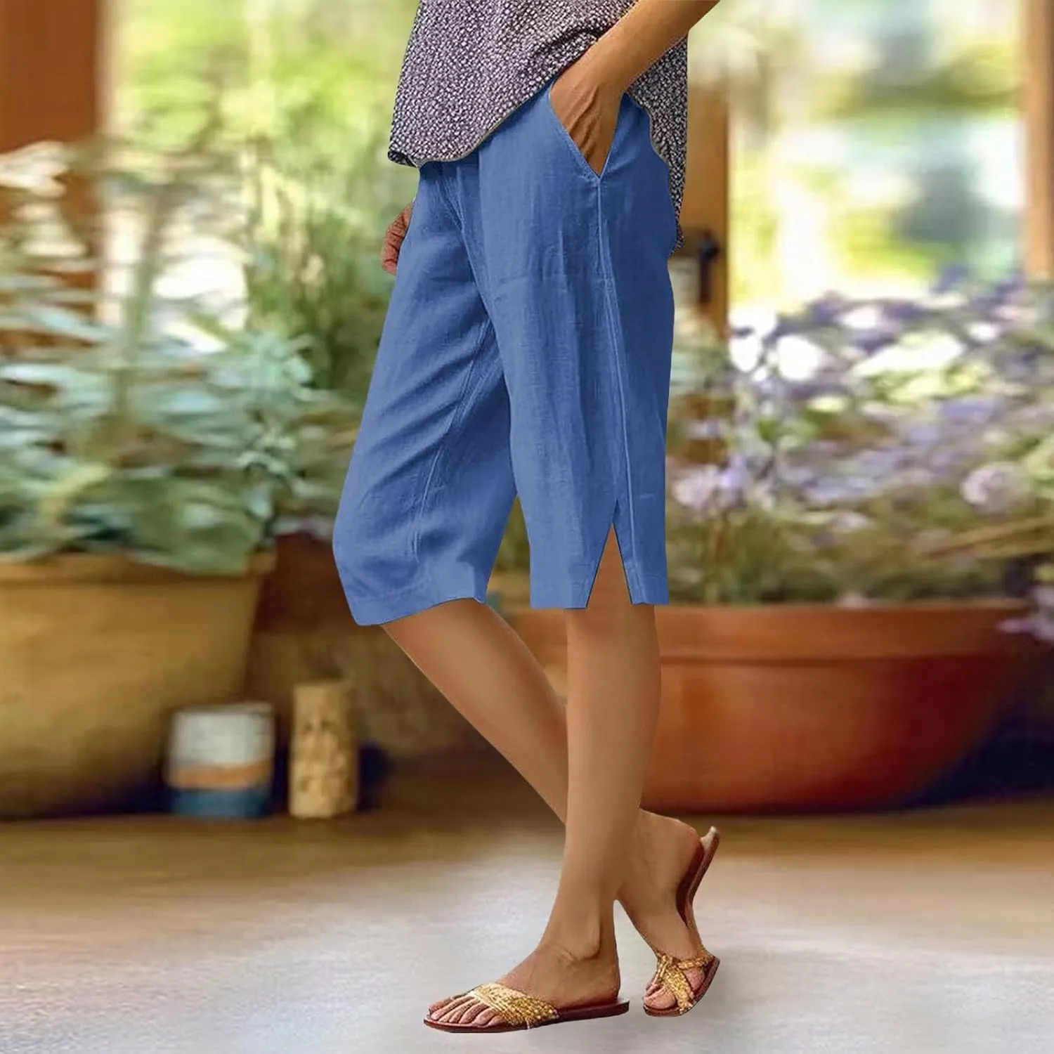 Bermuda Shorts for Women Wide Leg Cotton Linen Knee Length Casual Shorts Summer Loose High Waisted Short Capris