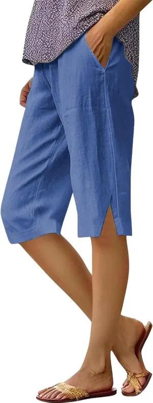 Bermuda Shorts for Women Wide Leg Cotton Linen Knee Length Casual Shorts Summer Loose High Waisted Short Capris