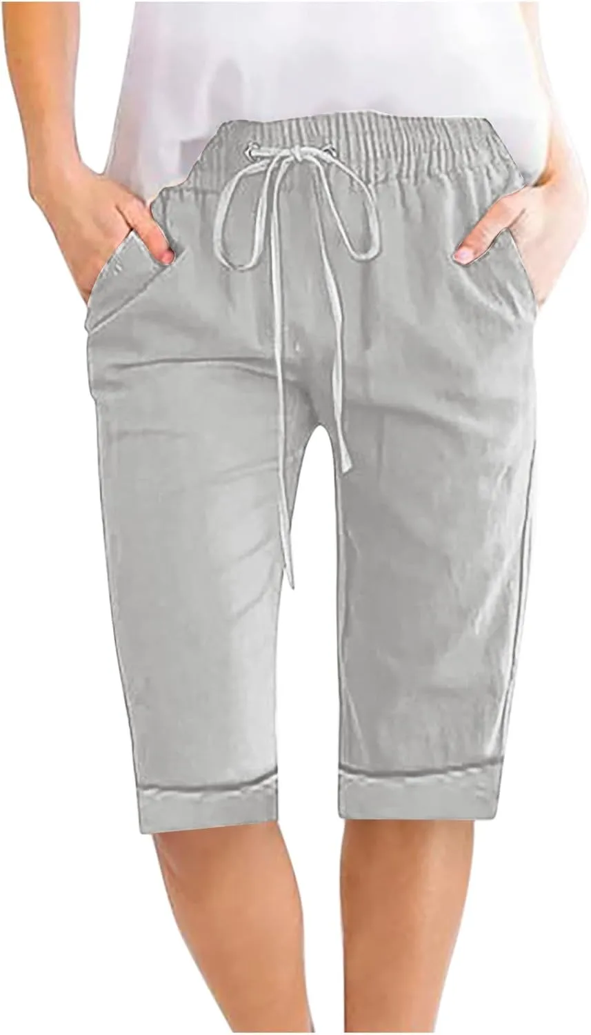 Bermuda Shorts for Womens Knee Length Cotton Linen Capris Lightweight Summer Straight Leg Beach Travel Shorts W Pocket