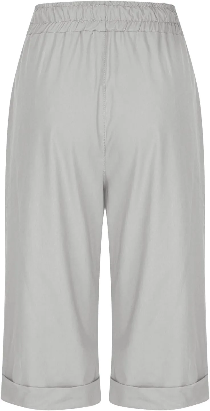 Bermuda Shorts for Womens Knee Length Cotton Linen Capris Lightweight Summer Straight Leg Beach Travel Shorts W Pocket
