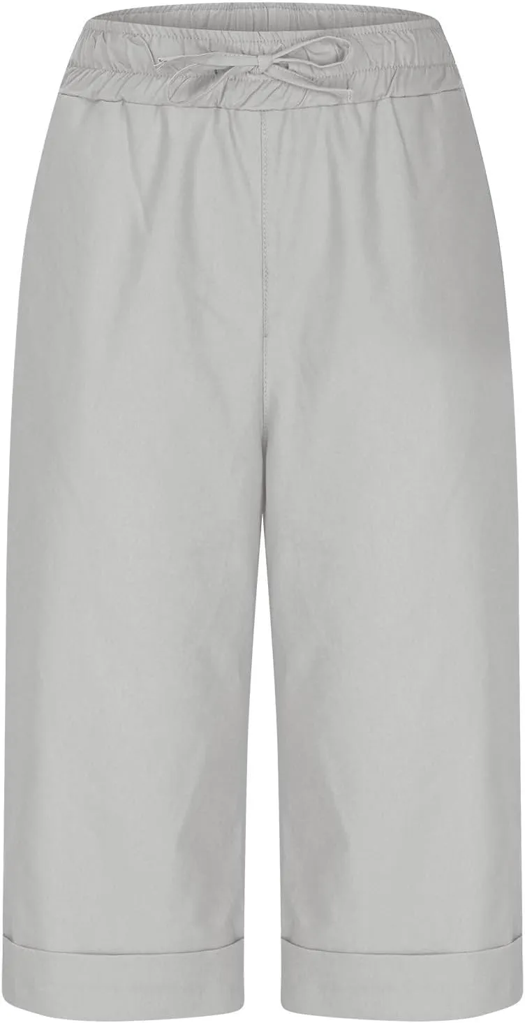 Bermuda Shorts for Womens Knee Length Cotton Linen Capris Lightweight Summer Straight Leg Beach Travel Shorts W Pocket