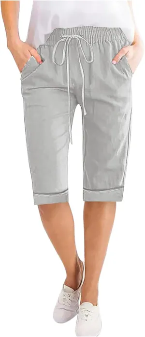 Bermuda Shorts for Womens Knee Length Cotton Linen Capris Lightweight Summer Straight Leg Beach Travel Shorts W Pocket
