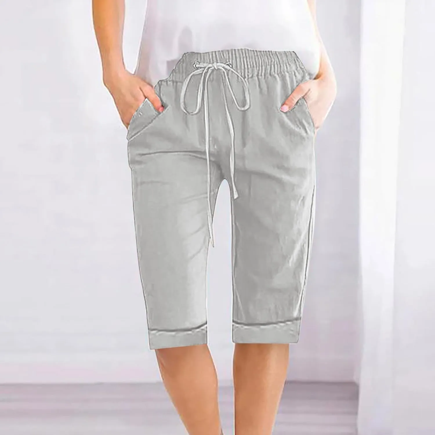 Bermuda Shorts for Womens Knee Length Cotton Linen Capris Lightweight Summer Straight Leg Beach Travel Shorts W Pocket