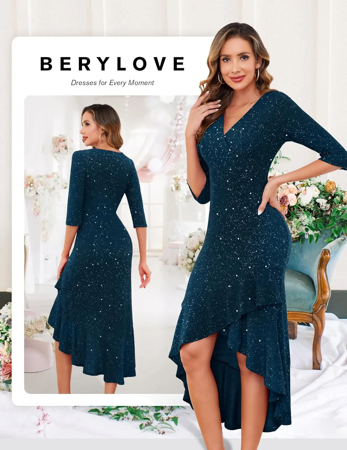 BeryLove Women Formal Wedding Guest Cocktail Sequin Glitter Dress 3/4 Sleeve Midi Evening Gown Prom Party Ruffle Hi Low Dress
