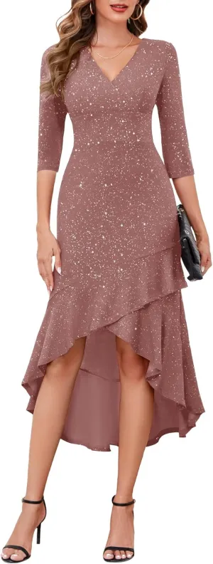 BeryLove Women Formal Wedding Guest Cocktail Sequin Glitter Dress 3/4 Sleeve Midi Evening Gown Prom Party Ruffle Hi Low Dress