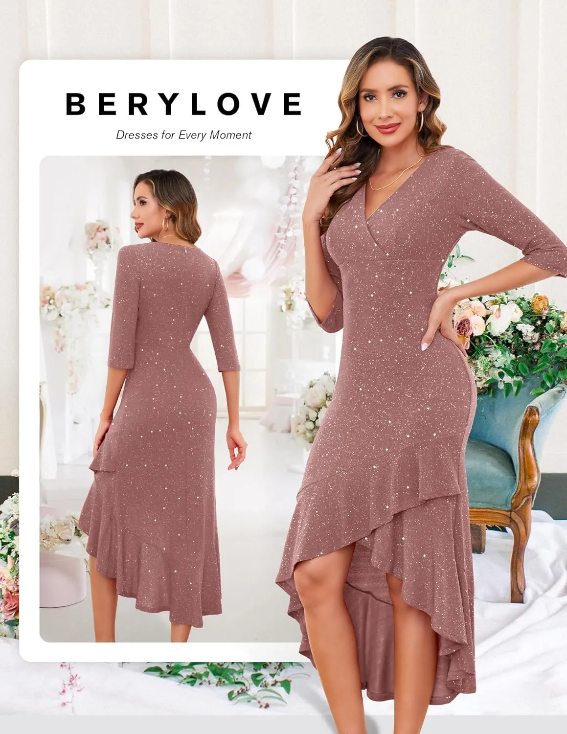 BeryLove Women Formal Wedding Guest Cocktail Sequin Glitter Dress 3/4 Sleeve Midi Evening Gown Prom Party Ruffle Hi Low Dress