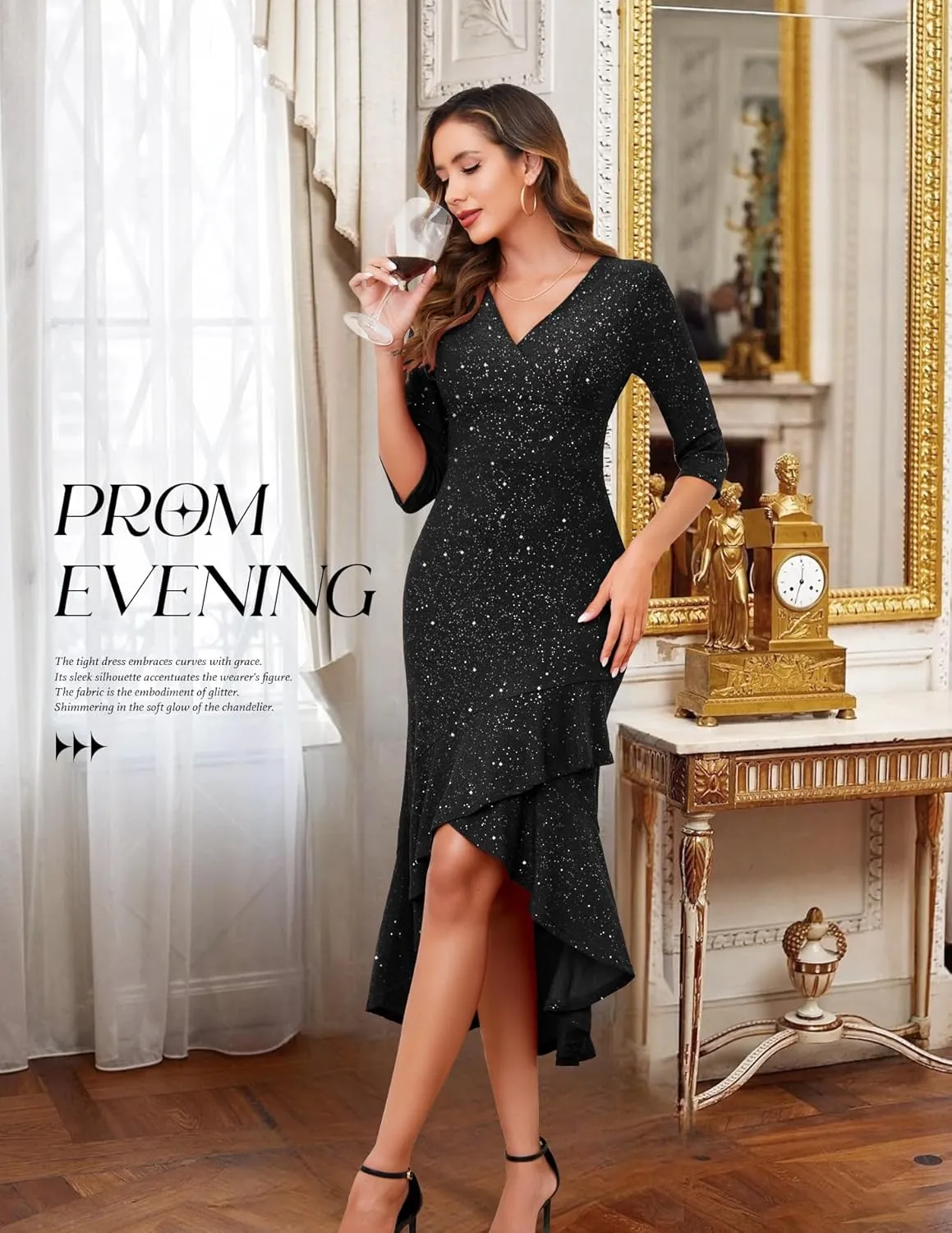 BeryLove Women Formal Wedding Guest Cocktail Sequin Glitter Dress 3/4 Sleeve Midi Evening Gown Prom Party Ruffle Hi Low Dress