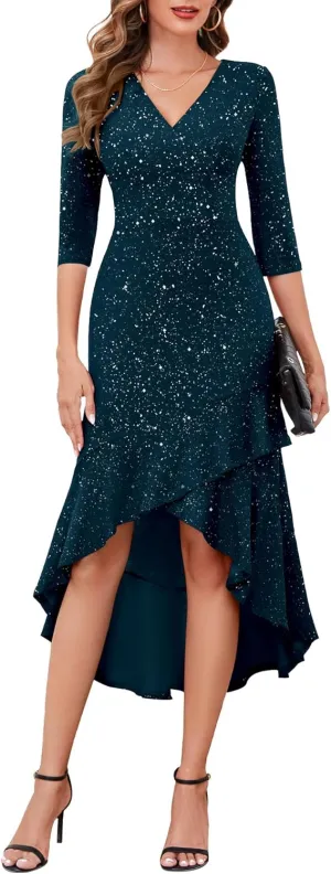 BeryLove Women Formal Wedding Guest Cocktail Sequin Glitter Dress 3/4 Sleeve Midi Evening Gown Prom Party Ruffle Hi Low Dress