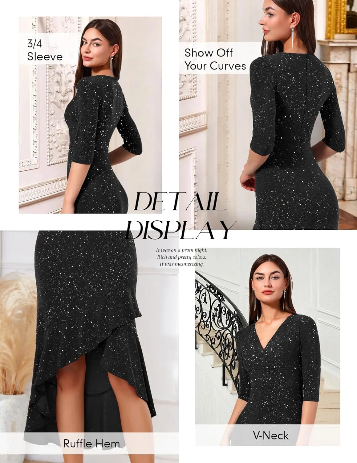 BeryLove Women Formal Wedding Guest Cocktail Sequin Glitter Dress 3/4 Sleeve Midi Evening Gown Prom Party Ruffle Hi Low Dress