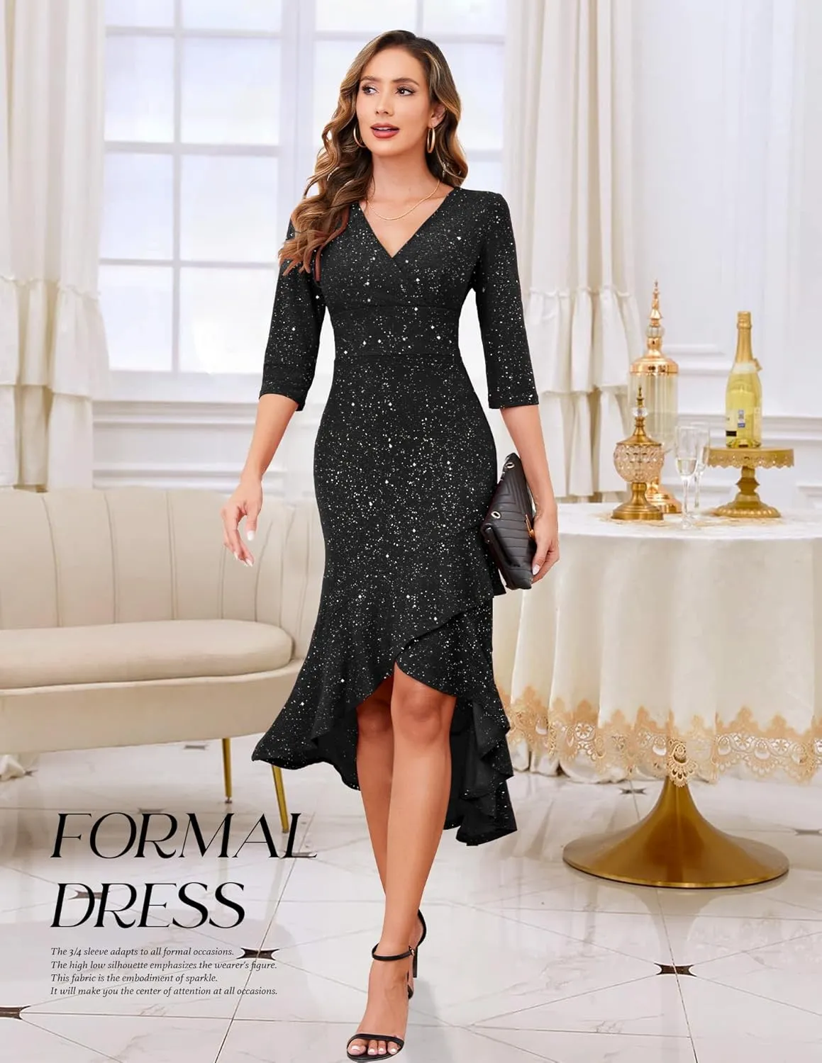 BeryLove Women Formal Wedding Guest Cocktail Sequin Glitter Dress 3/4 Sleeve Midi Evening Gown Prom Party Ruffle Hi Low Dress