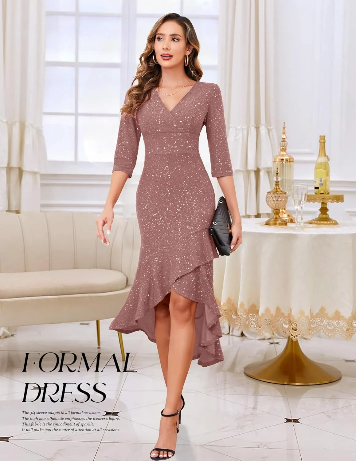 BeryLove Women Formal Wedding Guest Cocktail Sequin Glitter Dress 3/4 Sleeve Midi Evening Gown Prom Party Ruffle Hi Low Dress