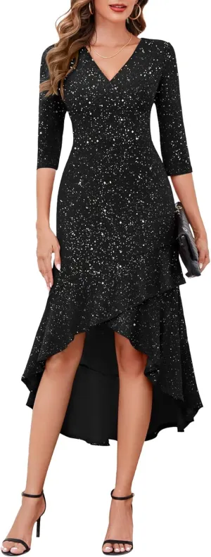 BeryLove Women Formal Wedding Guest Cocktail Sequin Glitter Dress 3/4 Sleeve Midi Evening Gown Prom Party Ruffle Hi Low Dress
