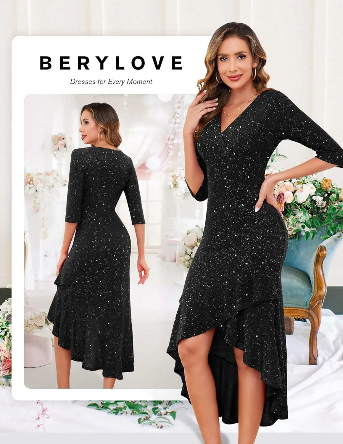 BeryLove Women Formal Wedding Guest Cocktail Sequin Glitter Dress 3/4 Sleeve Midi Evening Gown Prom Party Ruffle Hi Low Dress