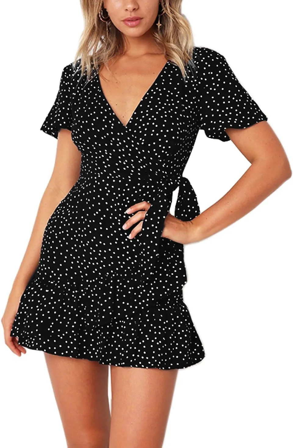BI.TENCON Women's Summer Polka Dot Print Wrap Dresses Sexy V Neck Ruffle Short Sleeve Casual Short Dresses with Belt