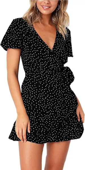 BI.TENCON Women's Summer Polka Dot Print Wrap Dresses Sexy V Neck Ruffle Short Sleeve Casual Short Dresses with Belt