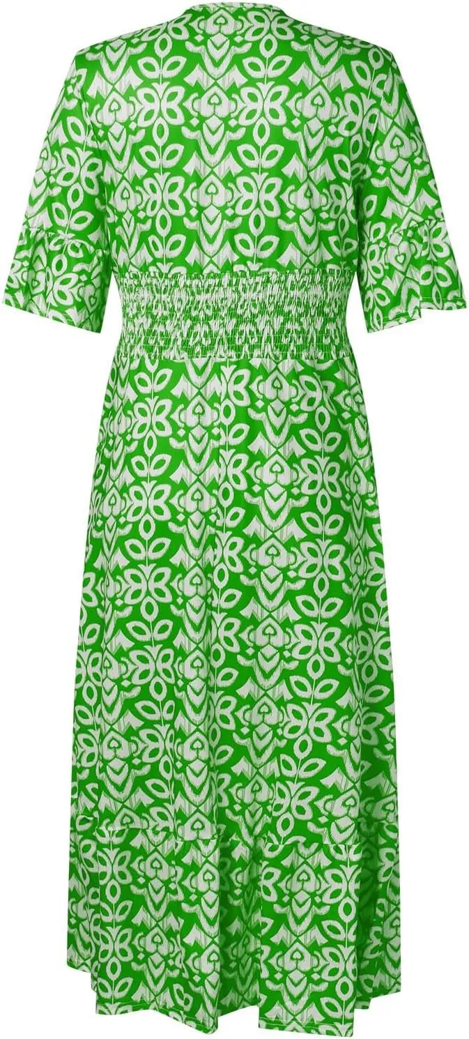 Boho Dresses for Women 2025 Elegant Loose Deep V-Neck Half Flutter Sleeve Maxi Dress Wedding Party Spring Break Clothes