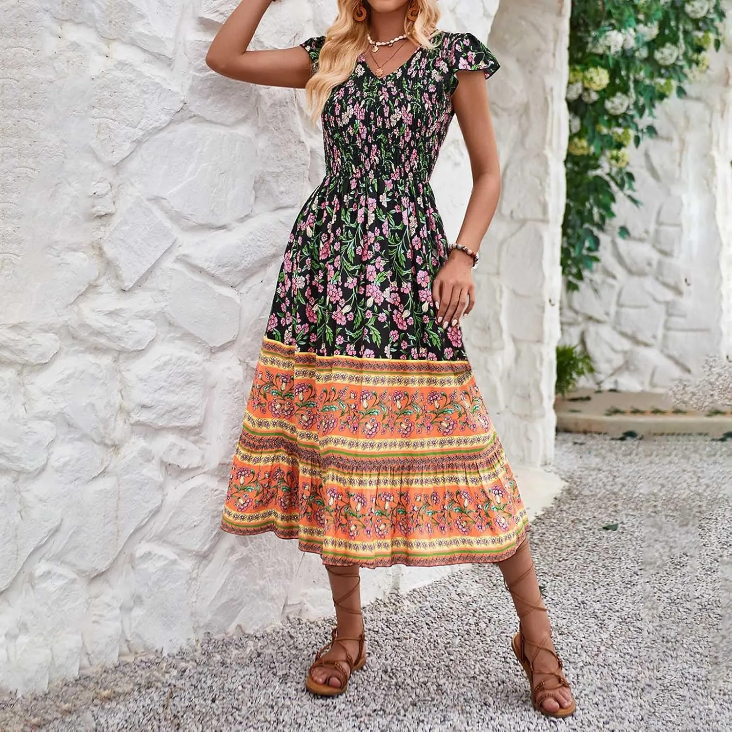 Boho Dresses for Women Floral Printed Short Sleeve V Neck Maxi Dress Flowy A Line Casual Long Dress